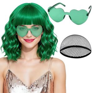 PLULON Green Wavy Bob Wigs with Bangs Heart Sunglasses Hair Cap for Women, Colored Synthetic Hair Short Bob Loose Curly Shoulder Length Wigs for Costume Bachelorette Party Music Festival