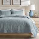 EVERGRACE Medallion Stitch Cotton Quilt Set Queen Size, 3-Piece 100% Cotton Quilted Bedspread Coverlet Bedding Set with Pillow Shams, Oversized Lightweight Soft & Breathable All-Season, Blue Linen