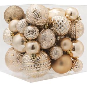 Christmas Ball Ornaments Champagne Christmas Tree Decorations with Hang Rope-36pcs Shatterproof Christmas Ornaments Set with 6 Styles in 3 Sizes(Small Medium Large)