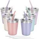 Kids Straw Cups, 6 Pack 12oz Sippy Cup With Silicone Sleeve Spill Proof, Stainless Steel Cups with Lids and Straws for Kids Girls Boys and Adults (Blue/Lilac/Mint/Pink/Beige/Peach)