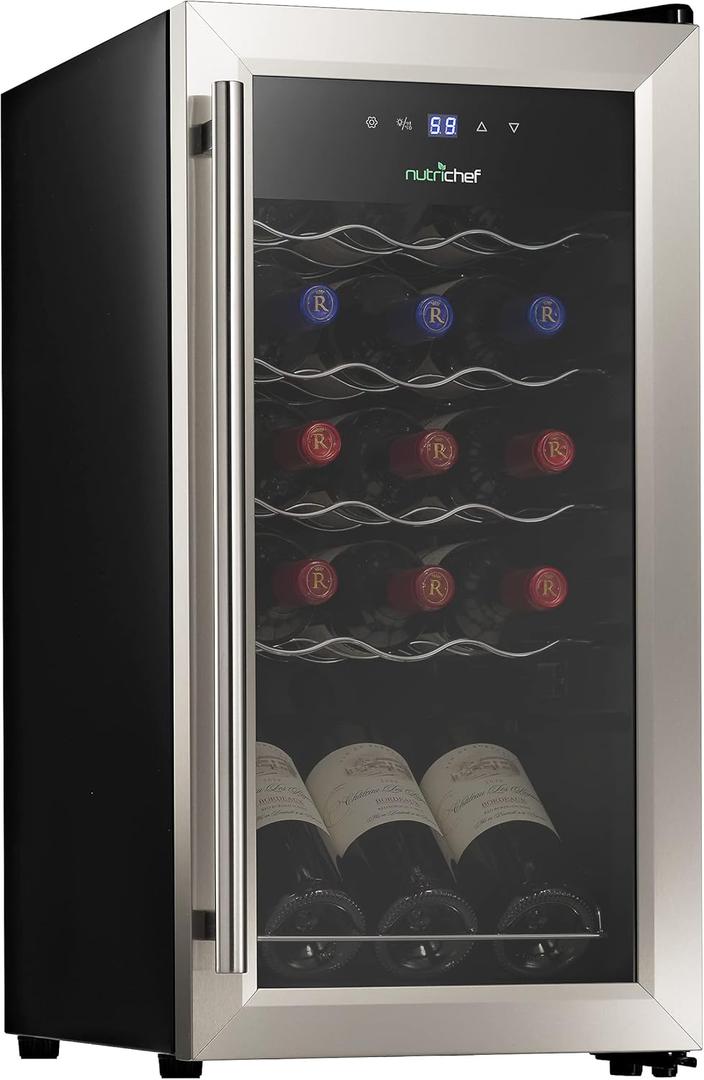 Nutrichef 15 Bottle Wine Fridge Red and White Wine Chiller Adjustable Temp Control 41F to 64F Ultra Quiet Operation Mini Wine Cooler Built for Home, Office, Kitchen Counter, 27x13x17 IN