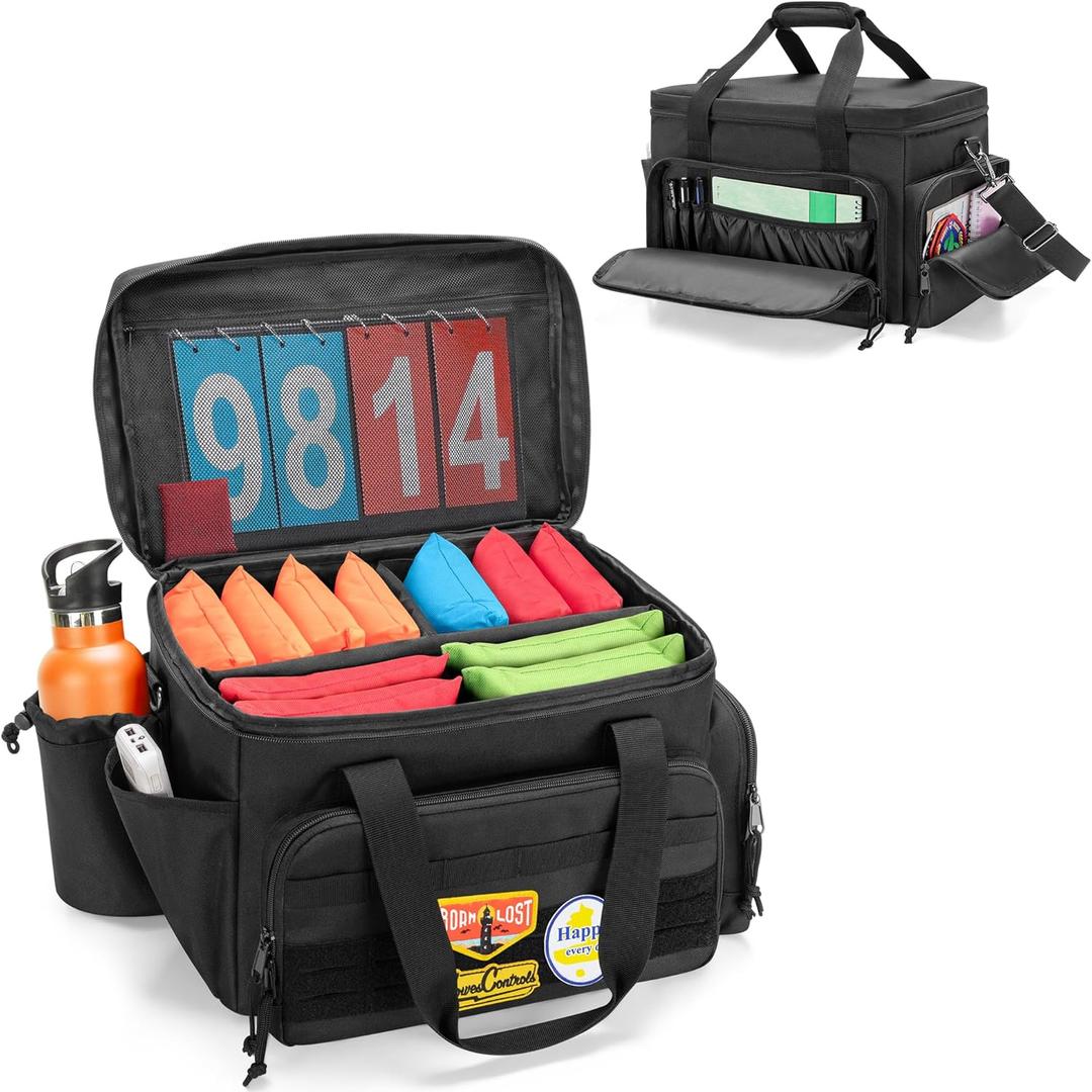 Cornhole Bag Holds Up to 14 Bean Bags, Professional Cornhole Carrying Bag with Detachable Divider, Molle Straps and Multiple Pockets for Essentials, Black