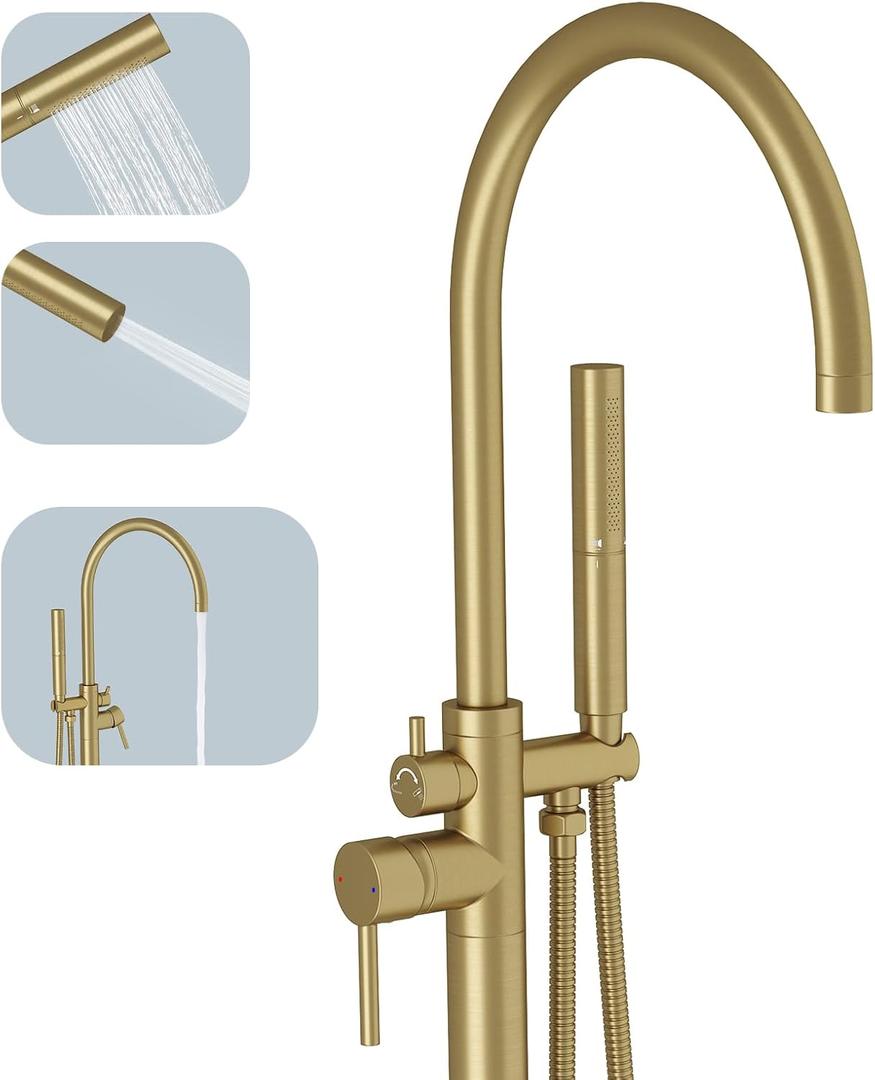 BESy Freestanding Bathtub Faucet Tub Filler Free Standing Floor Mount Stand Brass Bathroom Tub Faucets Sets with 2 Function Hand Sprayer Shower Wand Swivel Spout, Brushed Gold Finish