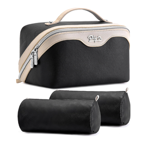 BOYATU Travel Makeup Bag Organizer Cosmetic Bag: 3 Pcs Set Make up Bags for Women with Handle - Waterproof Vegan Leather Toiletry Bags Travel Essentials Pouch with Compartments (A-01-Black)