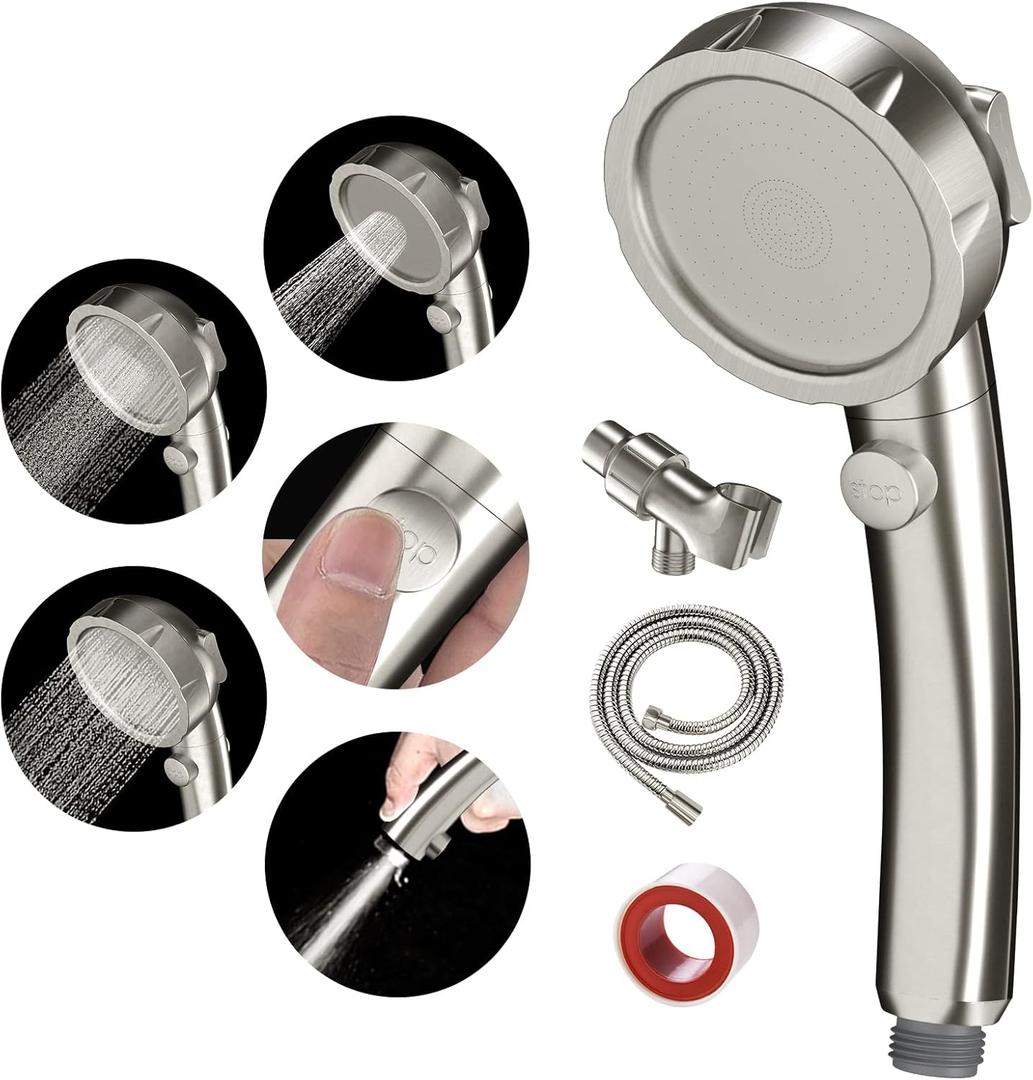 SINGSUO High Pressure Handheld Shower Head with On Off Switch, Detachable Shower Head, 3 Spray Modes Shower Massager Handheld with Hose and Adjustable Angle Bracket (Brushed Nickel)