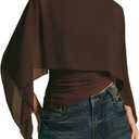 MakeMeChic Women's Asymmetrical Crop Tops Dressy Blouse Chiffon Mesh Sheer Summer Going Out Tops (Brown, M)