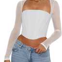 REORIA Women's Sexy Mesh Long Sleeve Boned Corset Top Trendy Y2K Square Neck Going Out Bustier Crop Tops (White, M)