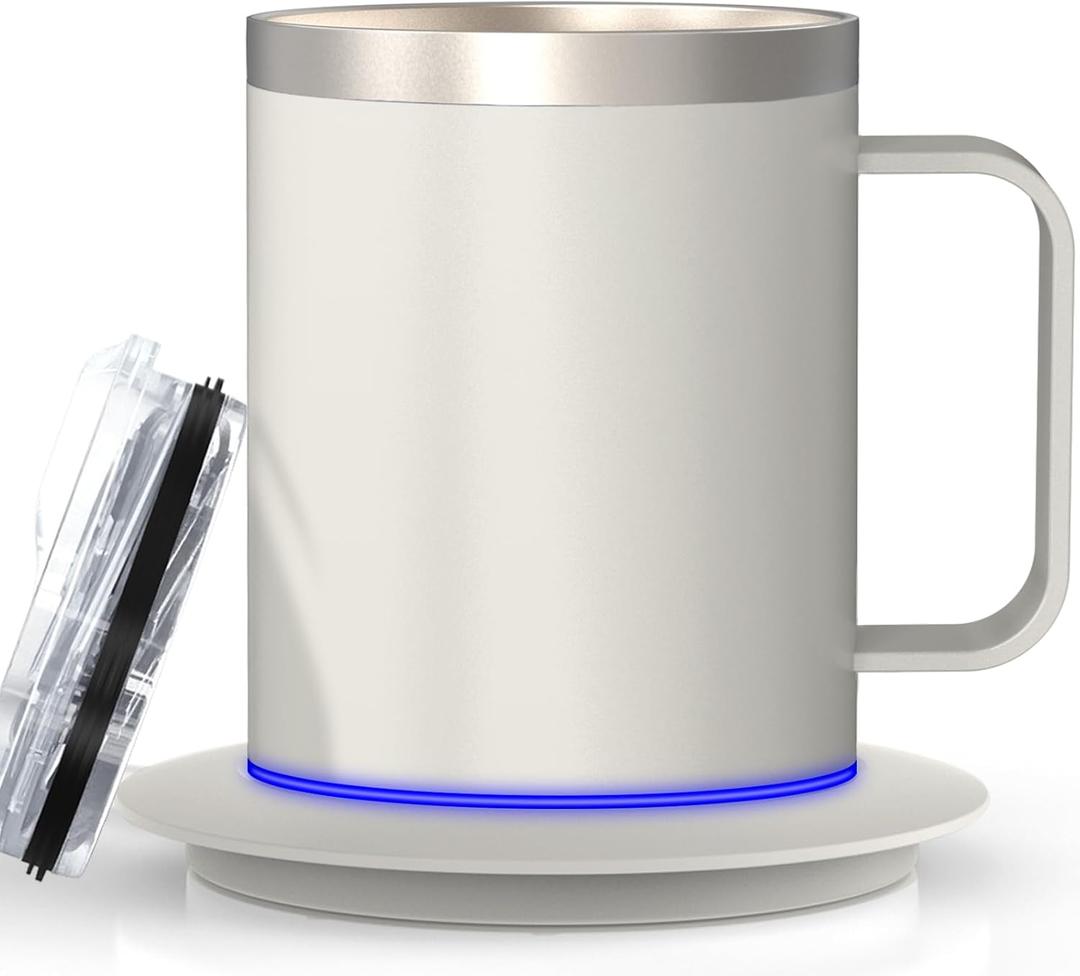 Smart Temperature Control Coffee Mug for Desk, Heated Cup with 10Hrs Auto Shut Off, USB Powered Mug Warmer Set (12oz-Ivory White)