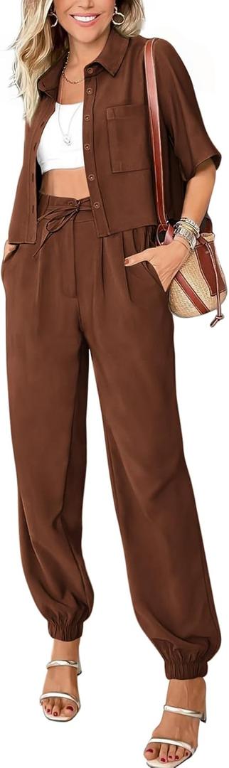 BTFBM Women's 2025 Summer 2 Piece Outfits Tracksuit Short Sleeve Cropped Button Down Shirt Long Pant Lounge Matching Set (X-Large, Brown)