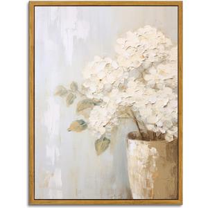 KBKBART Framed Wall Art Vintage, Farmhouse Decor White Hydrangeas Muted Vintage Floral Bathroom Canvas Painting, Flower Prints Canvas Wall Art for Bedroom, Living Room, Gallery, Vintage Wall Decor(12"x16")