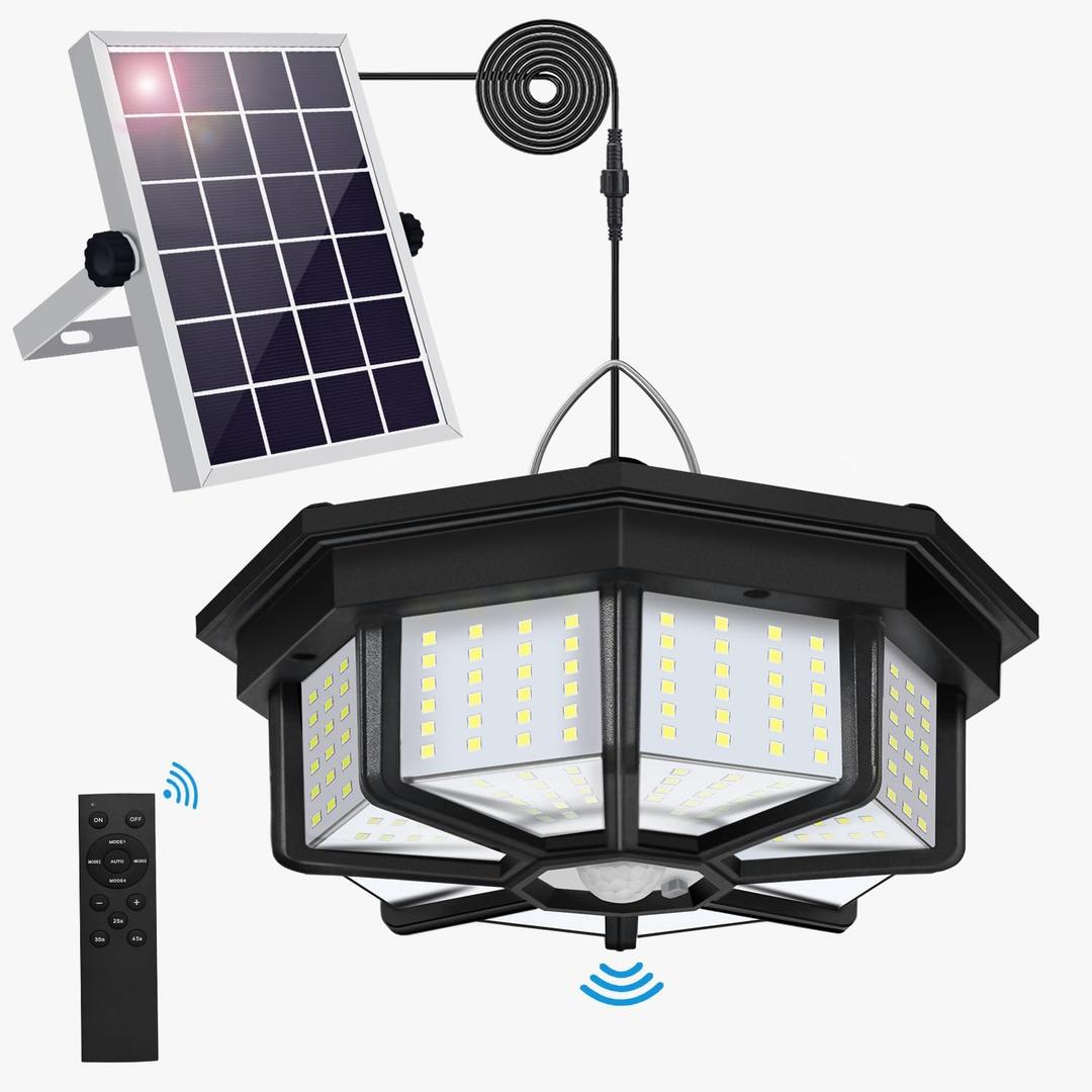 Solar Shed Light Indoor Outdoor 288LED 360Lighting Solar Lights Work in Daytime with Remote Control, Waterproof Solar Gazebo Lights with Motion Sensor/5 Modes for Home Shed Garage Barn (Black-1Pack)
