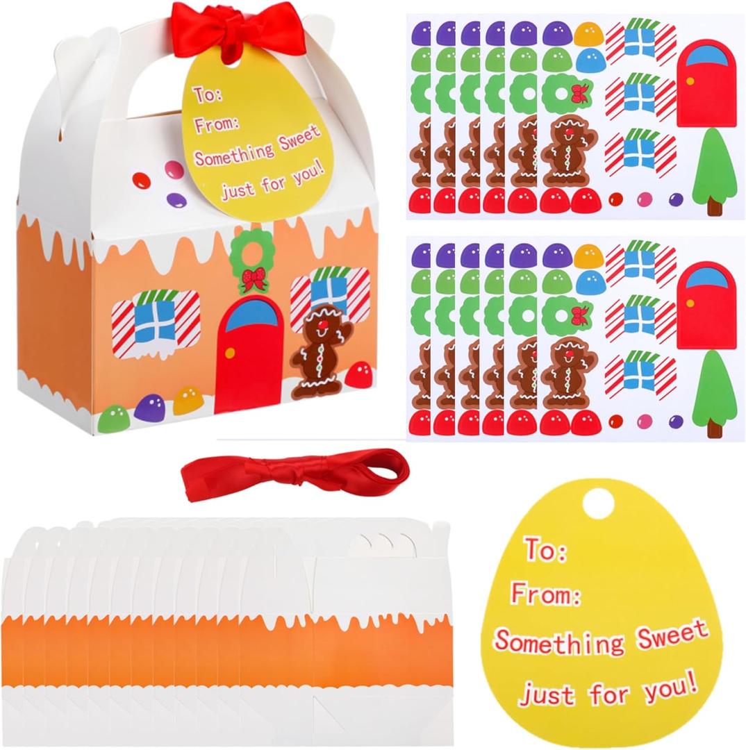 Eaasty 12 Sets Gingerbread Treat Box Craft Kit for Christmas Make Your Own Gingerbread House Craft with Stickers and Ribbons for Xmas Party Favor Boxes