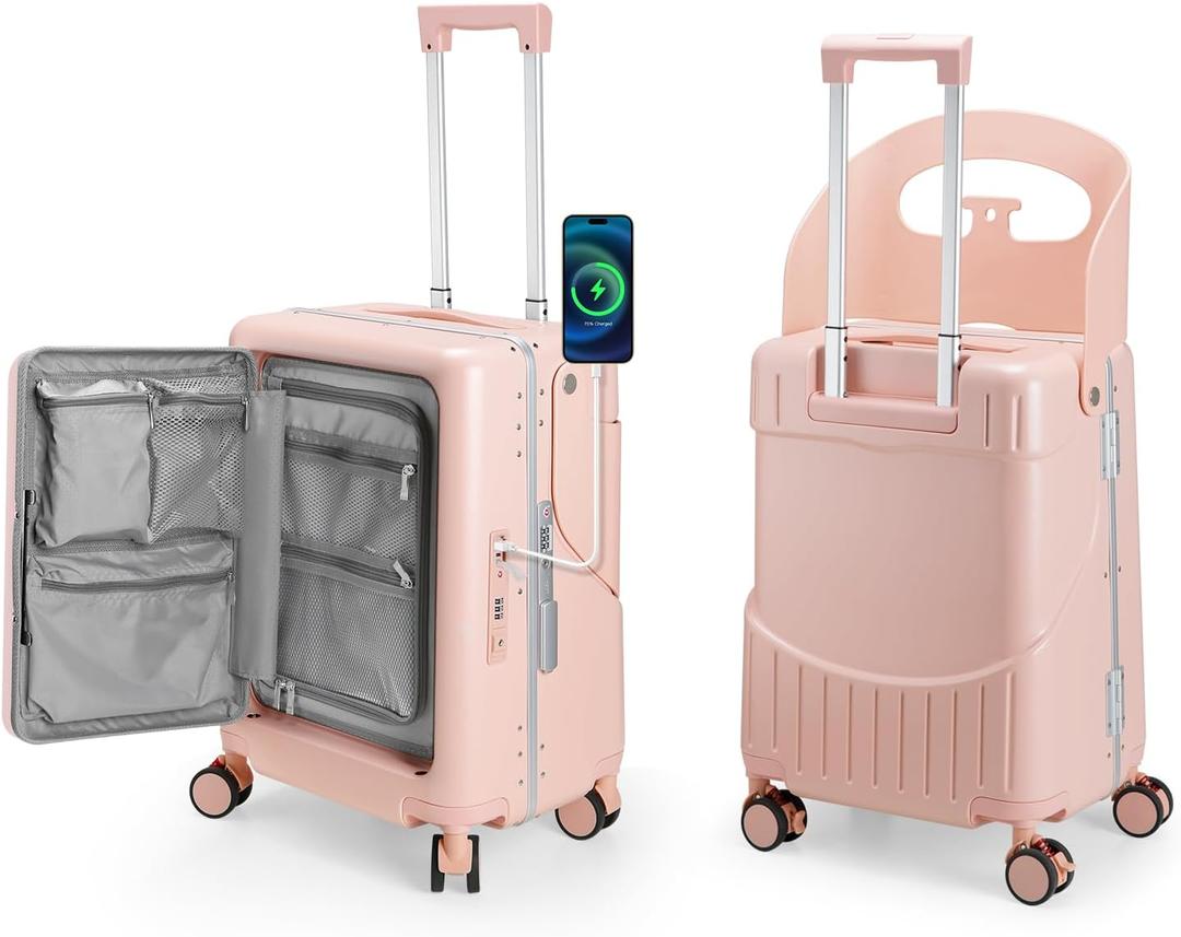 Ride On Luggage with Foldable Seat&Seat Belt,Hardshell Ride On Suitcase with Front Pocket,Lockable 4-Spinner Wheels,USB Port,TSA Lock,20 inch,Pink, Medium