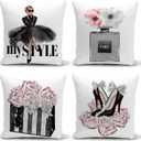 Set of 4 18x18 Pink Throw Pillow Covers Couch Bed Decorative Pillow Covers Fashion Girls Silver Perfume Flowers Cute Accent Pillow Covers Bedroom Black White Velvet Pillowcases (Pink and Gray)