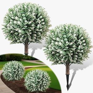 Artificial Boxwood Topiary Ball Trees with Spike, 2 Pack 24.5" Faux Plants, Bushes Shrubs Outdoor UV-Resistant Fake Greenery for Planters, Porch, Garden, Home Office, Spring Decor  White