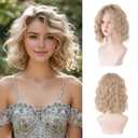 Short Ombre Ash Blonde Wavy Wigs for Women 14 Inch Shoulder Length Curly Wavy Bob Wig Synthetic Natural Hair Wig for Daily Party Use (Ash Blonde, 14 inch)