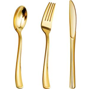 Goodluck 150PCS Gold Plastic Silverware, Gold Utensils Disposable, Plastic Cutlery Set of 50 Forks, 50 Spoons, 50 Knives for Wedding, Party, Birthday, Holidays Goodluck 150PCS Gold Plastic Silverware, Gold Utensils Disposable, Plastic Cutlery Set of 50 Forks, 50 Spoons, 50 Knives for Wedding, Party, Birthday, Holidays