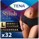 Tena Stylish Black Incontinence Underwear for Women, Maximum Absorbency, Adult Diapers, Large (Waist Sizes 37in-50in), 32 Count (2 Packs of 16)(2 Packs of 16)