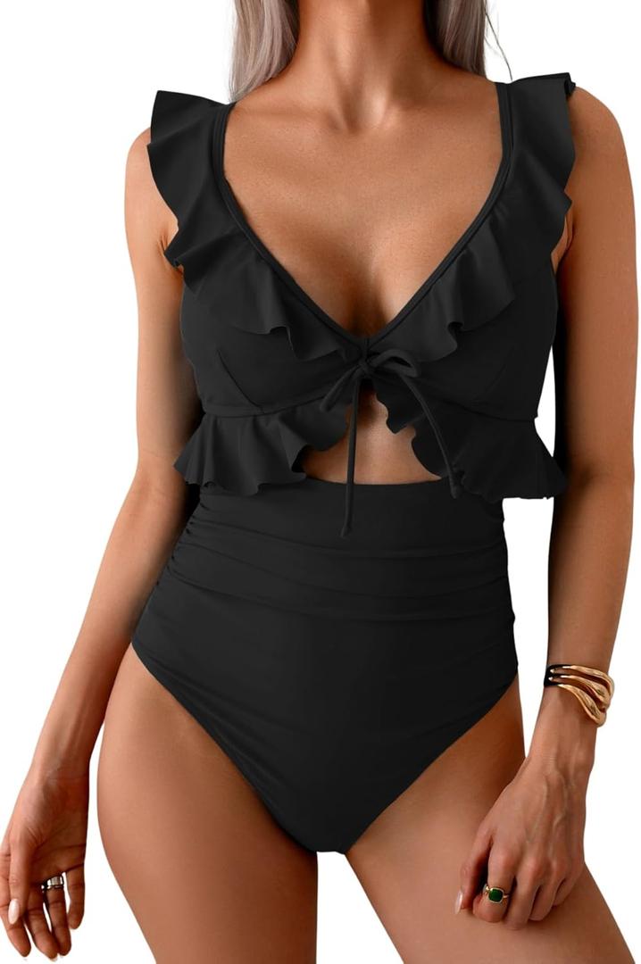 Eomenie One Piece Swimsuit for Women Tummy Control Ruffle Bathing Suit V Neck Ruched Swim Suit Slimming Cutout Swimwear (Black, S)