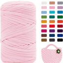 JeogYong T-Shirt Yarn, 400g/131 Yards Elastic Fabric Crochet Cloth T Shirt Yarn, Thick Hand Knitting Polyester Fabric Ribbon for Crocheting Bags/Baskets/Rugs, Home Decor, DIY Crafts (Light Pink)