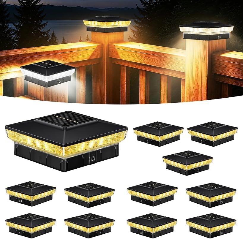 Solar Post Cap Lights 12 Packs for 4x4 Wooden/Vinyl Posts, IP65 Waterproof Fence Post Solar Lights with Warm/Cool/Neutral Lighting, Outdoor Post Lights for Garden, Patio, Porch- Black