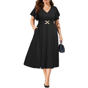 Pinup Fashion Women Plus Size Dresses for Wedding Guest - Cocktail Semi Formal A-Line Midi Dress with Pockets (Black, 18W)