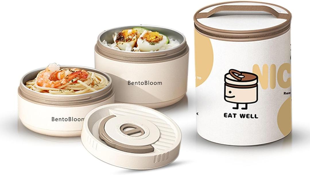 Bento Box Adult Round Stackable Lunch Box for Women (450ml & 600ml) with Insulated Carry Bag | 304 Stainless Steel Removable Inserts | Microwave & Dishwasher Safe, White