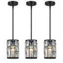 MEXO Modern Crystal Pendant Light Fixture 3Pack Matte Black Finish Hanging Lighting Crystal Chandelier for Living Room, Kitchen, Hallway
