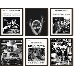 97 Decor Vintage Disco Ball Poster - Black White Wall Art, 70s Liquor Print, Trendy Newspaper Aesthetic Pictures, Retro Bar Cart Decorations, Disco Funky Decor for Teen Girl Dorm Bedroom (8X10 Unframed)