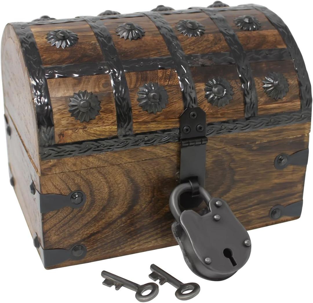Nautical Cove Handmade Pirate Treasure Chest for Kids Prizes & Classroom with Lock and Skeleton Keys  Lockable Wooden Storage Chest Box, Pirate Decor, Decorative Wooden Box - Small 8x6x6