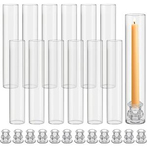 12 Set Glass Hurricane Candle Holders 12.6" Open Ended Glass Candleholder Tube Shape Bottomless and 2.2" Taper Clear Candlestick Holders for Wedding Party Table Centerpiece (Classic)