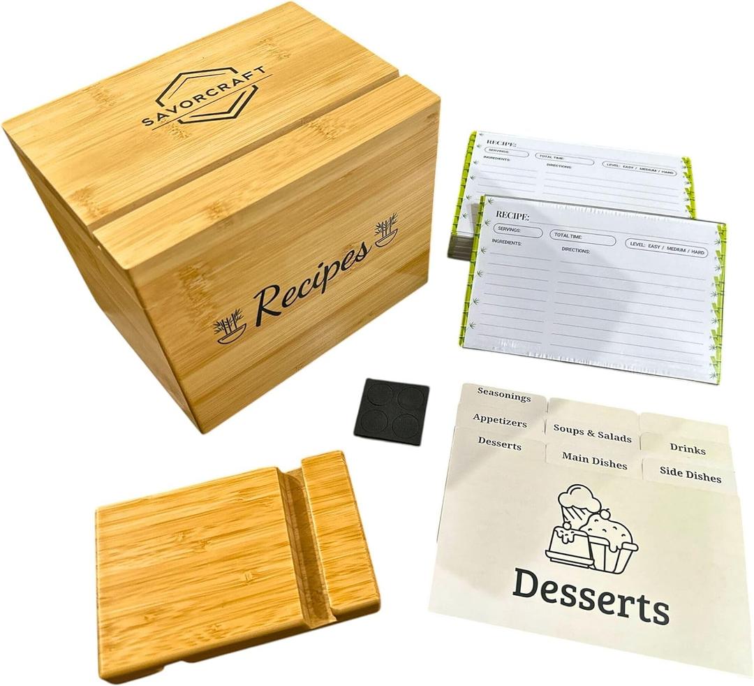 Recipe Box with Cards and Dividers 5 in 1 Bamboo Recipe Organizer 4x6 with 100 Waterproof Recipe Cards, Magnetic Lid, Phone Holder & Non-Slip Pads Gift for Home Cooks