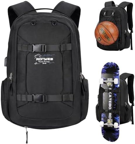 Ronyes Skateboard Backpack, Skateboard Bag,17.3 Inch Laptop Backpack with USB Charging Port, Basketball Longboard Backpack for Sports Travel Black