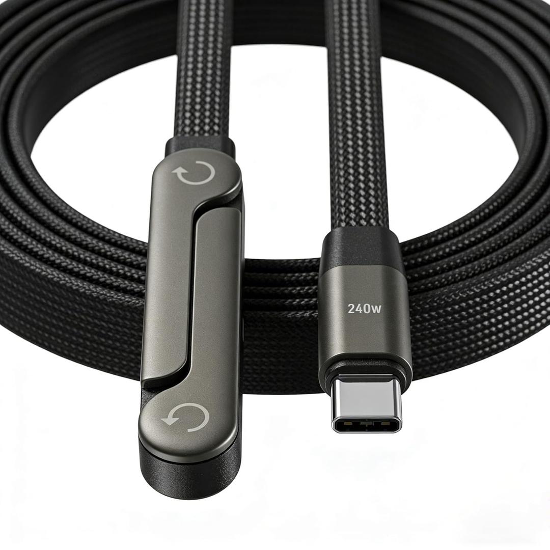 240W Invisible Stand Fast Charging Cable, 240W USB C to USB C Flat Cable 90 Degree Angled, Sideways Phone Type C Charger Cord (4.9FT) Compatible with iPhone 17 Series (Black)