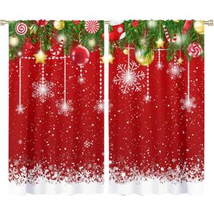 Merry Christmas Blackout Curtains for Bedroom,Vintage Red Floral Snowflake Window Curtain Rod Pocket 2 Panels 63L x 36W