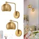 Powfloven Gold Battery Operated Wall Sconces Set of 2, Rechargeable Cordless Wall Light Fixture with Remote, Dimmable Wireless Battery Powered Wall Decor Lighting Lamp for Bedroom Living Room