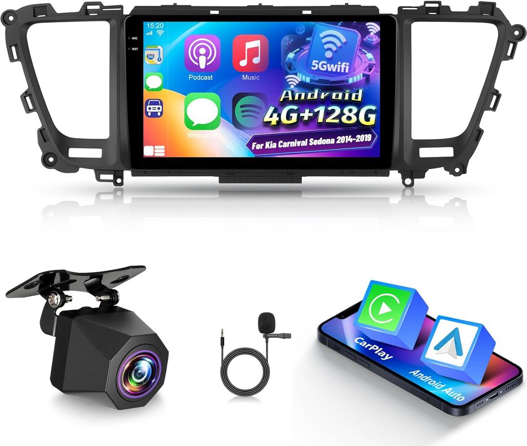 [4+128G] Android 15 Car Radio for Kia Carnival Sedona 2014-2019 - Wireless Carplay and Android Auto - 9 Inch Incell Touchscreen Car Stereo - EQ/GPS / 5GHz WiFi/SWC/Bluetooth + AHD Backup Camera