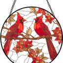 Stained Glass Style Cardinal Suncatcher, 7.87 Inch (20cm) Round Real Glass Window Hanging with Gift Box and Chain, Bird Decor Gift