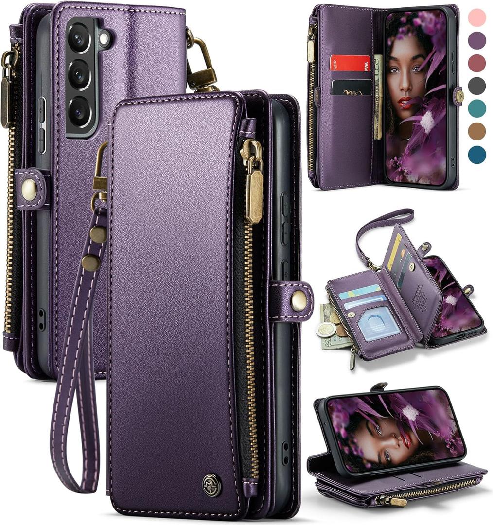 Defencase Compatible with Samsung Galaxy S22 5G Case Wallet with RFID Blocking Card Holder for Women Men, PU Leather Magnetic Snap Flip Zipper Strap Wallet Phone Case Fit for Galaxy S22 6.1", Purple