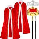 6 Pcs Lord Queen Costume Set Red Emperor and Queen Cape Robe Crown Scepter Medieval Adult Cosplay Costume Set