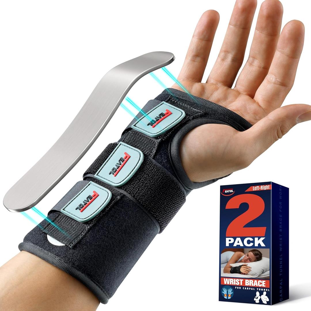 FEATOL Carpal Tunnel Wrist Brace Night Support 2 Pack - Pain Relief Tendonitis, SprainedArthritis, Carpal Tunnel Syndrome -Metal Splint Stabilizer With Hand Brace -FOR Sleeping Women Men -Right&Left (M/L) (Medium/Large (Pack of 1))
