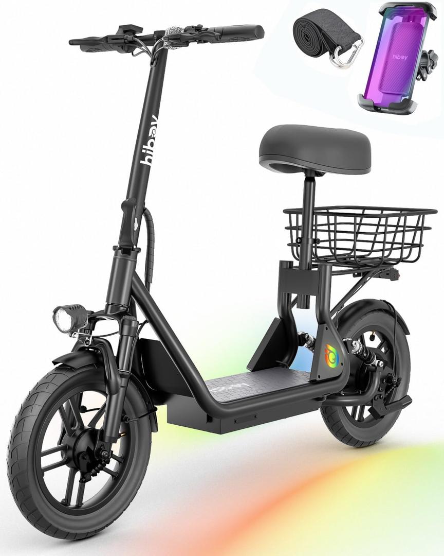 Hiboy Q2 Adult Electric Scooter with Seat & Phone Holder  500W Motor, 22mi Range, 14" Wheels, Dual Suspension, Neon Lights, Foldable for Commute & Campus