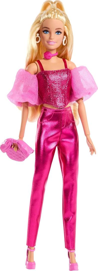 Barbie Deluxe Style Doll #5 in Metallic Pink Outfit, Blonde Hair, Sparkly Corset Top and Shiny Pants with Accessories Like Rose Necklace and Handbag