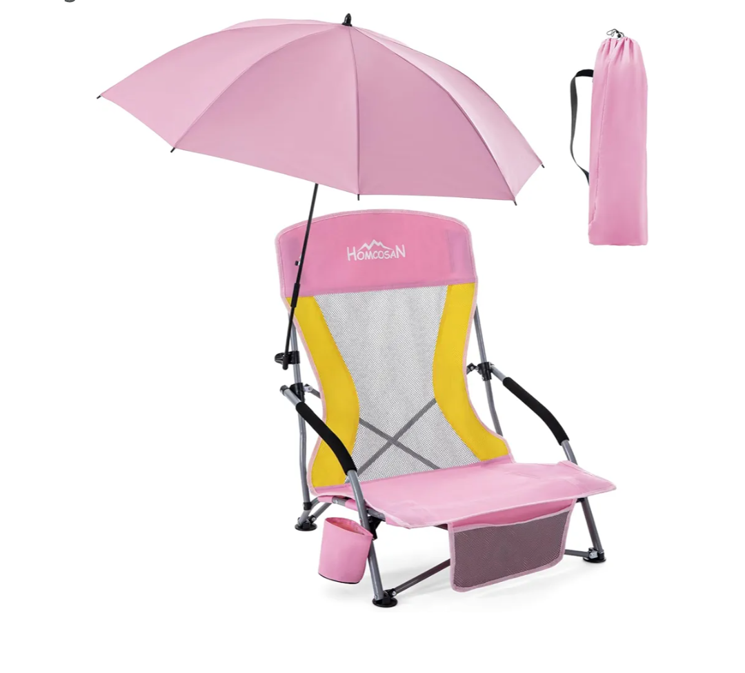 Homcosan Portable Low Folding Beach Chair with Detachable Umbrella - Lightweight Camping Chair for Adults with Cup Holder & Storage Pocket, Carry Bag Included (Pink & Yellow)