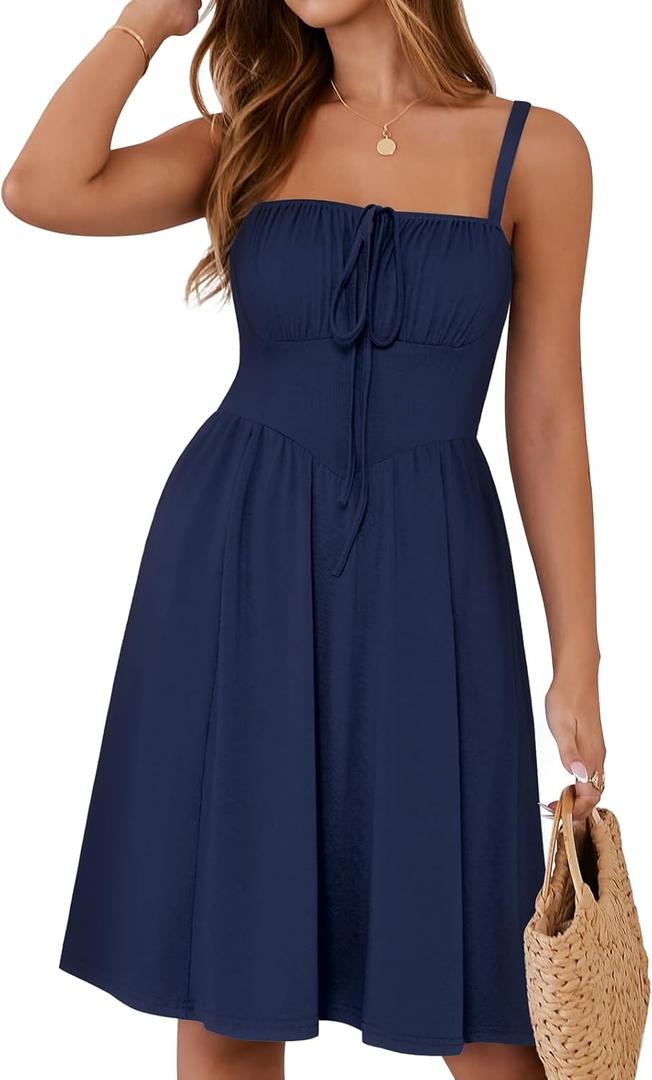 YATHON Summer Mini Corset Sun Dress for Women Short Casual Square Neck Lace Up Floral Beach Vacation Dresses with Pockets (Blue, L)