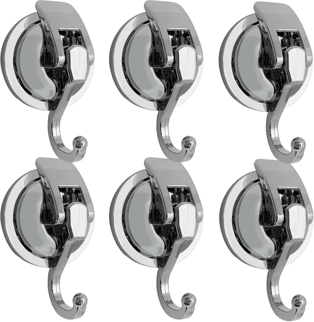 Heavy Duty Suction Cup Hooks for Shower, Bathroom Robe - Vacuum Glass Hooks, Reusable, No Hole Punched, for Garland Decoration (Silver, 6 Pack)