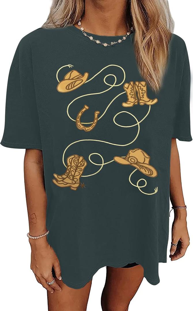 Womens Western Oversized Rodeo Shirt Country Music Tops Western Embroidery Graphic Tee Cowgirl Shirts (Large, Grey)