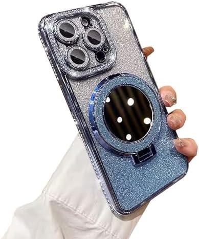 Fycyko for iPhone 12 Pro with Mirror Kickstand Glitter Luxury Holder Stand Plated Bling Aesthetic Phone Case Shockproof for iPhone 12 Pro-Blue