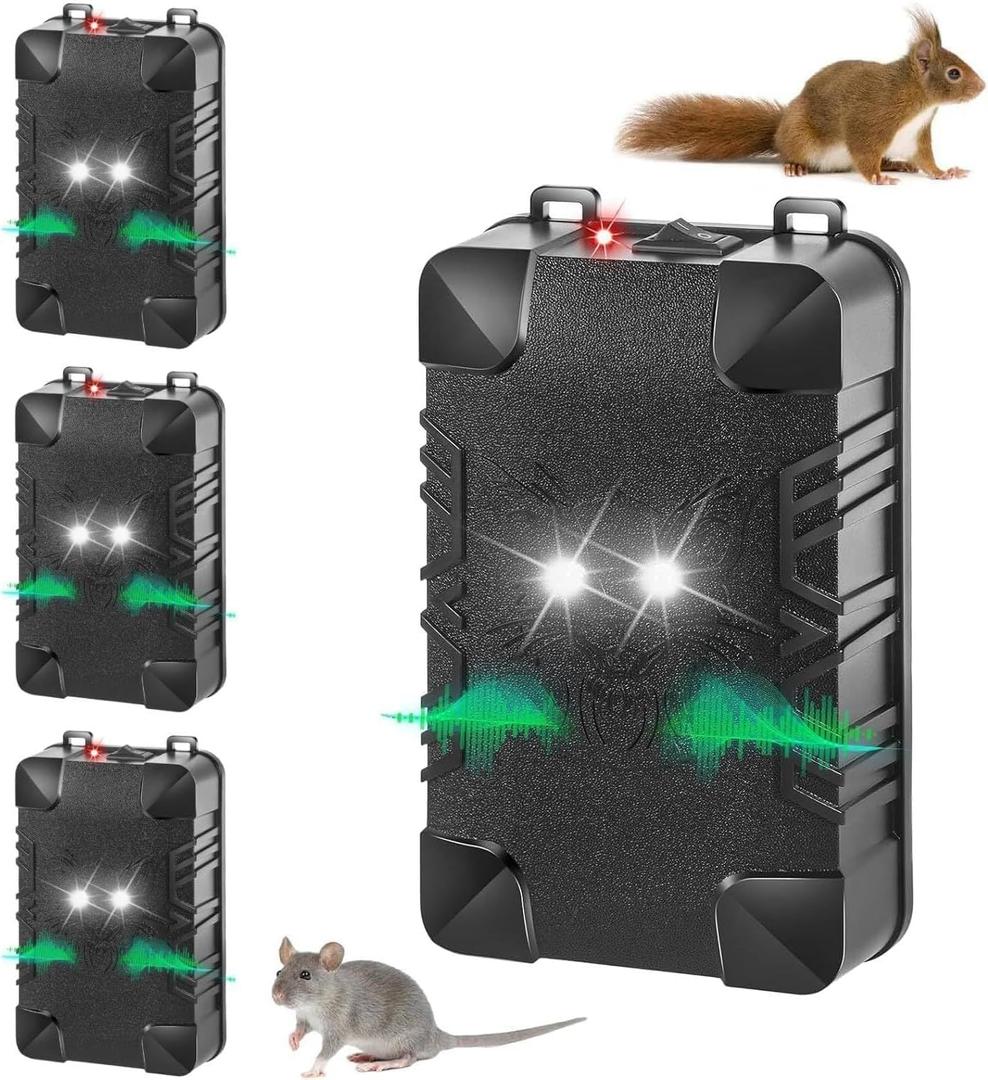 Under Hood Rodent Deterrent with Strobe Light & 3 Power Supply Methods, Professional Ultrasonic Mice Repellent Rat Squirrel Deterrent for Cars Trucks RV Engine Bay Warehouse Attic, 4 Pack
