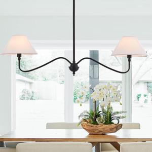 Modern Linear Chandelier for Kitchen Island, 2-Light Linear Light Fixture with Off-White Fabric Shade, Rustic Pendant Light for Dining Room (Black)